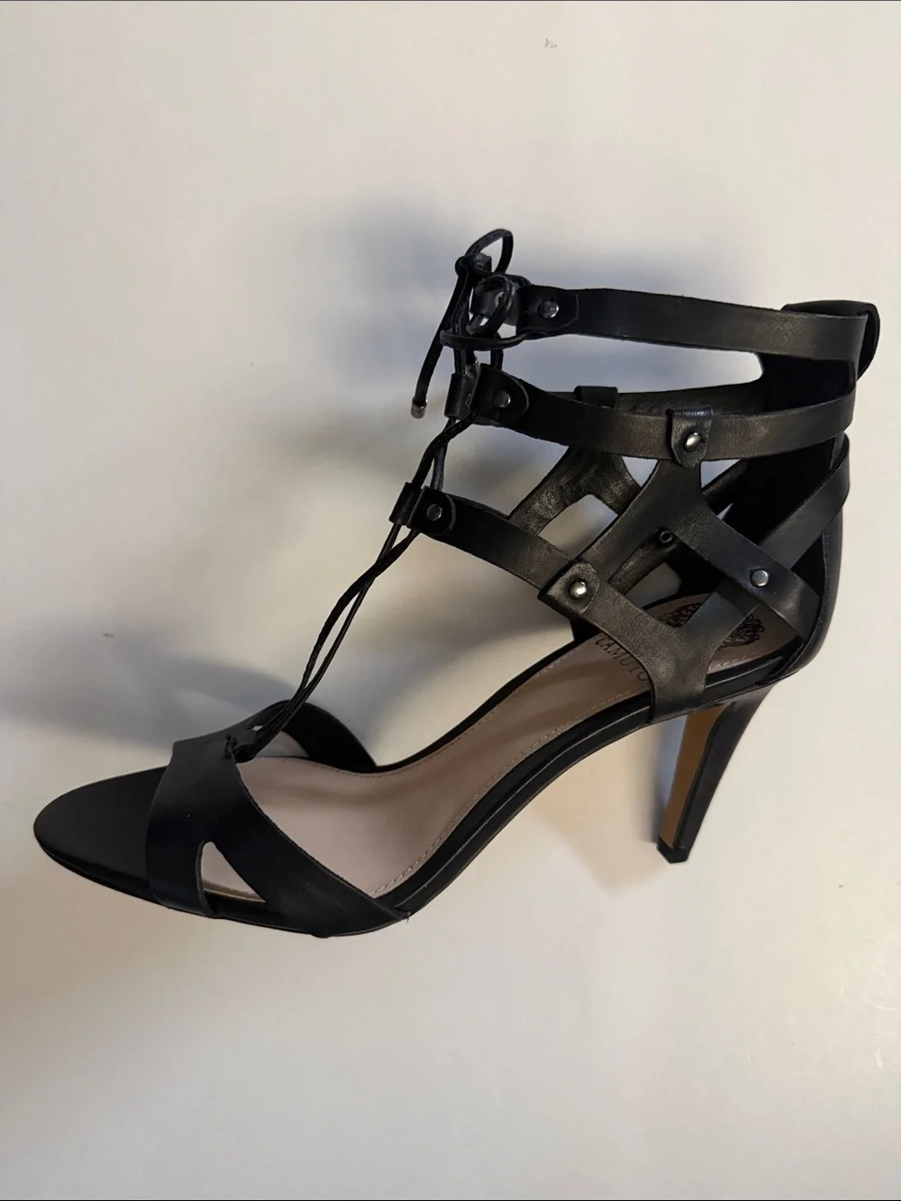 NWT VINCE CAMUTO CLARAN Black Leather Lace-Up High Heel Sandals, 9/39